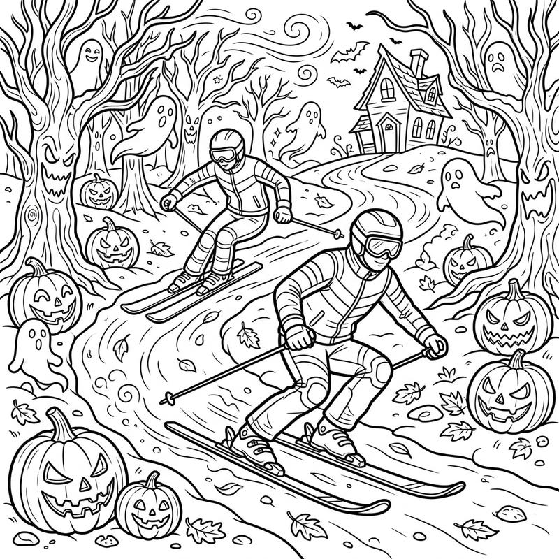 Embark on a unique Halloween adventure with this exciting coloring page featuring telemark skiers navigating a spooky landscape. Filled with grinning jack-o'-lanterns and friendly ghosts, it offers a thrilling blend of winter sports and festive fun.