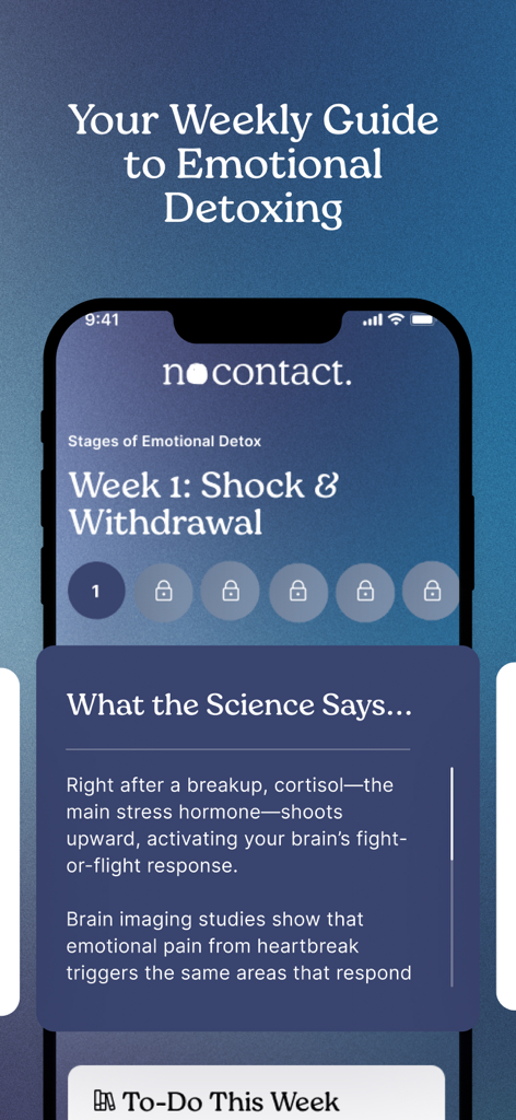 No Contact Tracker Pro - Tela do aplicativo móvel mostrando o guia semanal de desintoxicação emocional e insights psicológicos sobre términos.