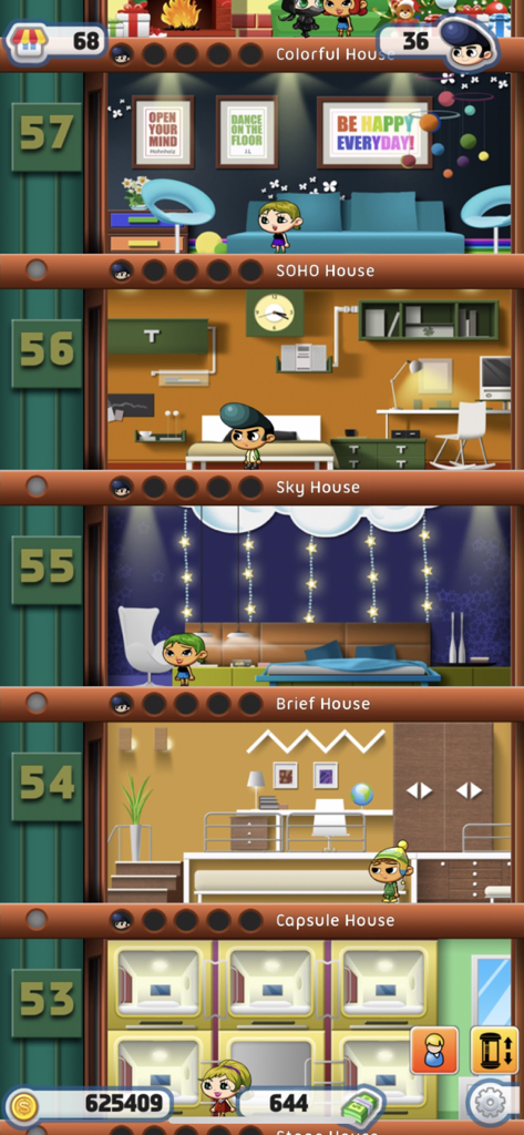 A cross-section view of several themed apartment floors and cute residents in the Dream Tower simulation game
