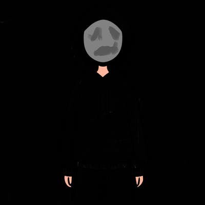 faceless girl in a tracksuit with a hood on and no hair