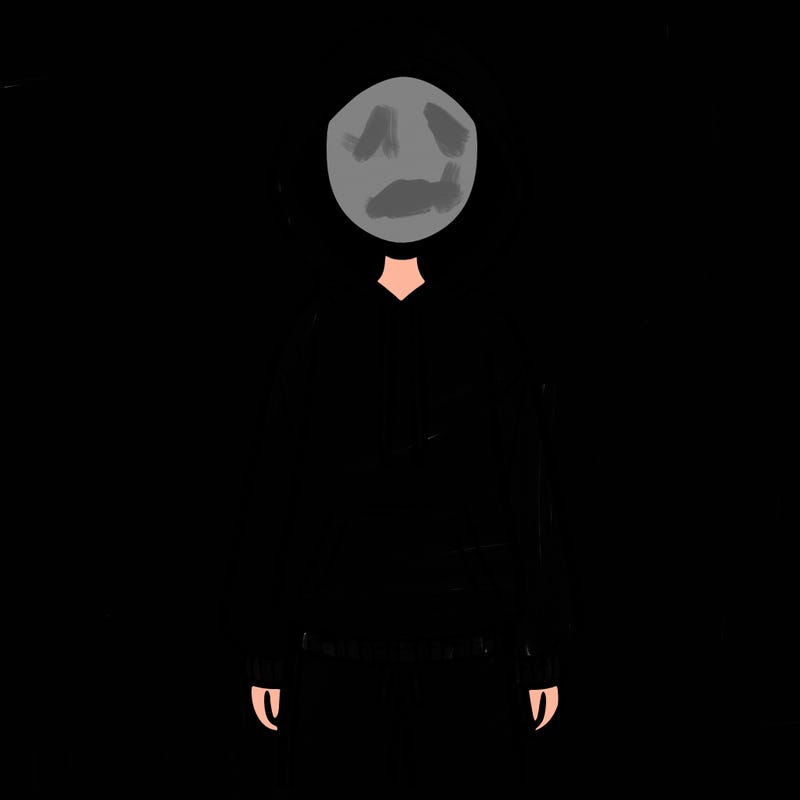 faceless girl in a tracksuit with a hood on and no hair