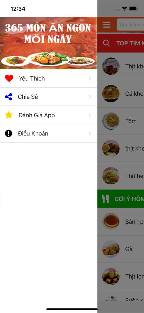 Side navigation menu of the Vietnamese recipe app 365 Mon An Ngon Moi Ngay showing options for favorites and sharing