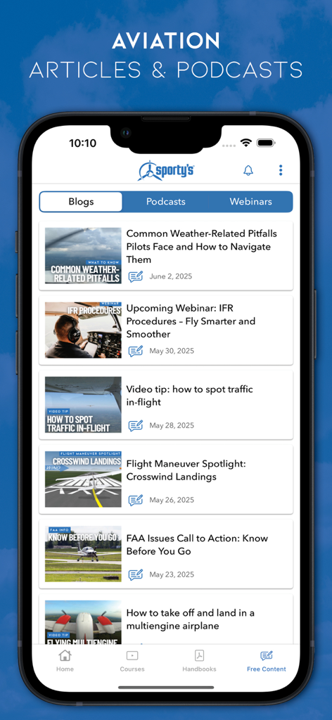 A list of aviation blog posts and training articles within the Sporty's Pilot Training app