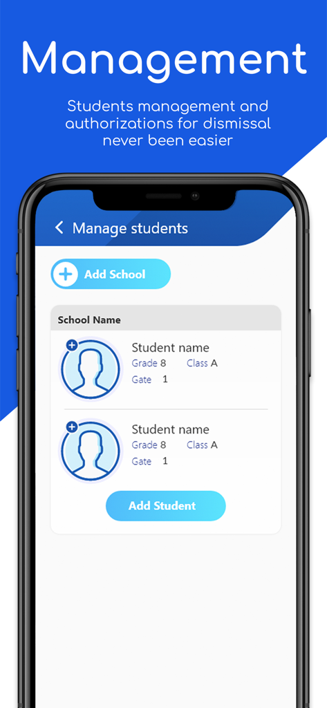Écran de l'application Blue-Ride montrant la gestion des élèves et les autorisations de renvoi scolaire.