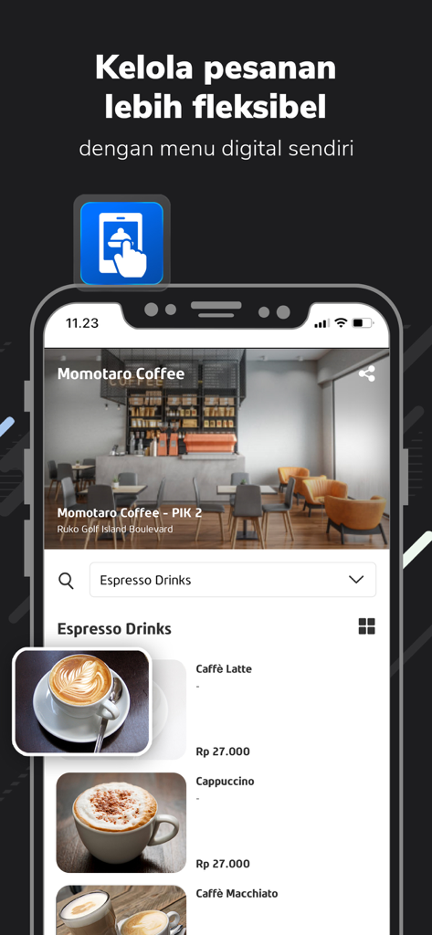 POST. - Aplikasi Kasir - Mobile digital menu interface for a coffee shop on the POST POS app showing espresso drink options