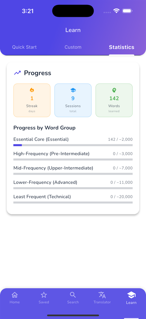 Learning progress and vocabulary statistics in the English Uzbek Dictionary BRIDG app