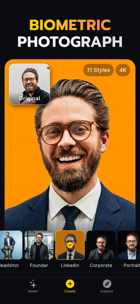 Geno: Trend AI Photo Face Swap - AI app interface generating professional LinkedIn headshots from a casual photo
