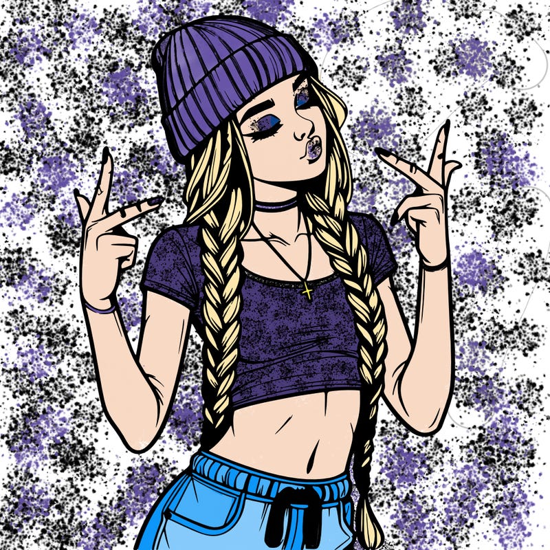 realistic teenage girl with braids and a beanie and crop top doing 🫶🏼