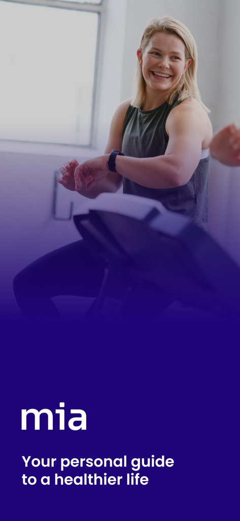 MIA Health - A smiling woman exercising with a smartwatch and the MIA Health brand logo