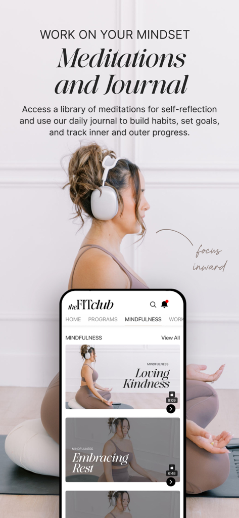 The FITclub by Yami Mufdi - Interfaz de la aplicación FITclub que muestra programas de meditación de atención plena y funciones de diario.