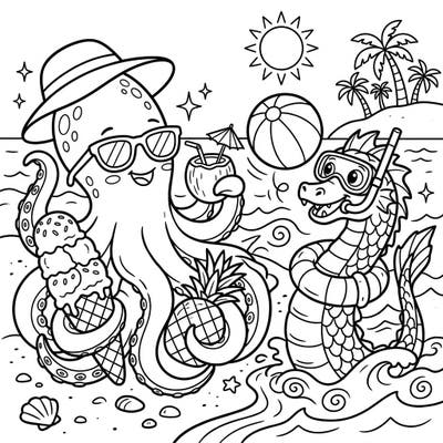 Get ready for a splash of summer fun with this adorable coloring page featuring playful sea monsters! An octopus with ice cream and a dragon with a snorkel invite kids to an exciting beach adventure.