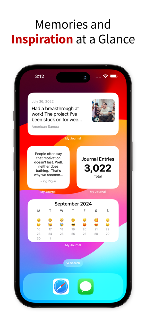 My Journal: Daily Mood Diary - iPhone home screen showing My Journal app widgets for mood tracking, daily quotes, and past memories.
