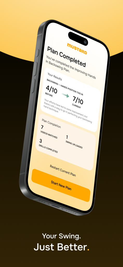 Mustard Golf: Swing Analysis - Screenshot of Mustard Golf app showing progress results for a backswing training plan with score improvement from 4 to 7 out of 10.