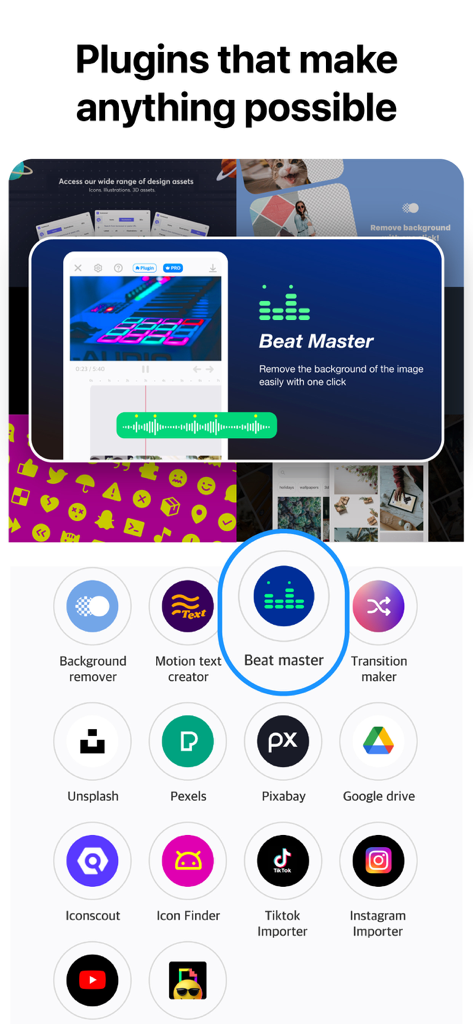 Interfaccia dell'app video editor Vlogr che mostra un elenco di plugin creativi e integrazioni con i social media