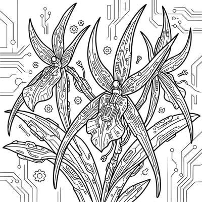 Step into a world where nature meets technology with this captivating Brassia Orchids coloring page, reimagined through a cyberpunk lens. Immerse yourself in intricate circuit patterns and robotic details as you bring this unique sci-fi floral art to life.