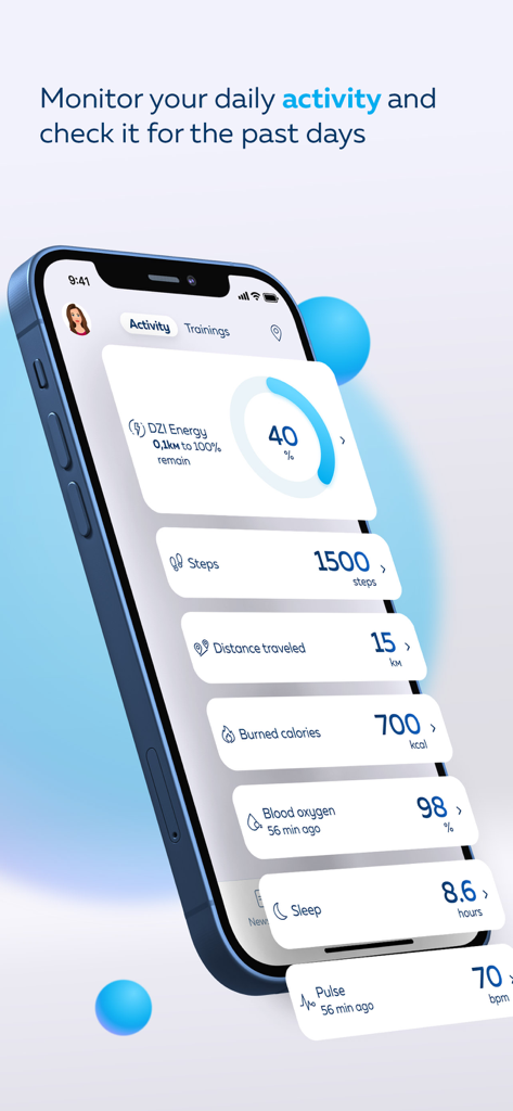 Kaksi - Mobile app interface for Kaksi showing daily health metrics including steps distance and burned calories