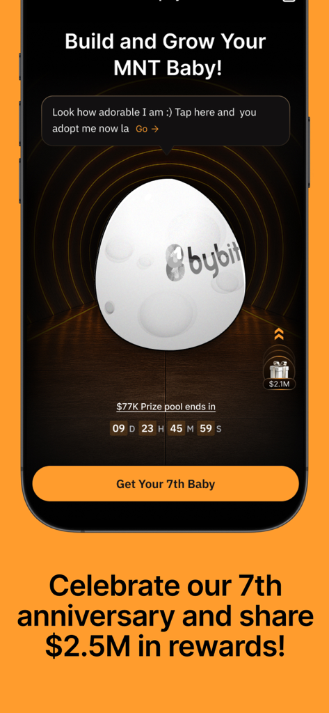 Uma tela promocional do aplicativo Bybit celebrando seu 7º aniversário com um pool de recompensas de 2,5 milhões de dólares e um mascote MNT baby egg.