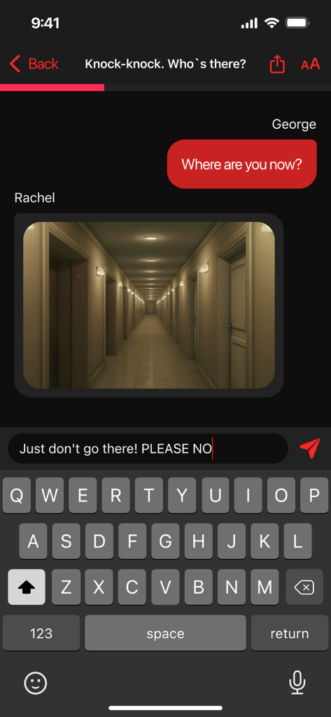 Spooky chat interface from a horror story app featuring a dark hallway image