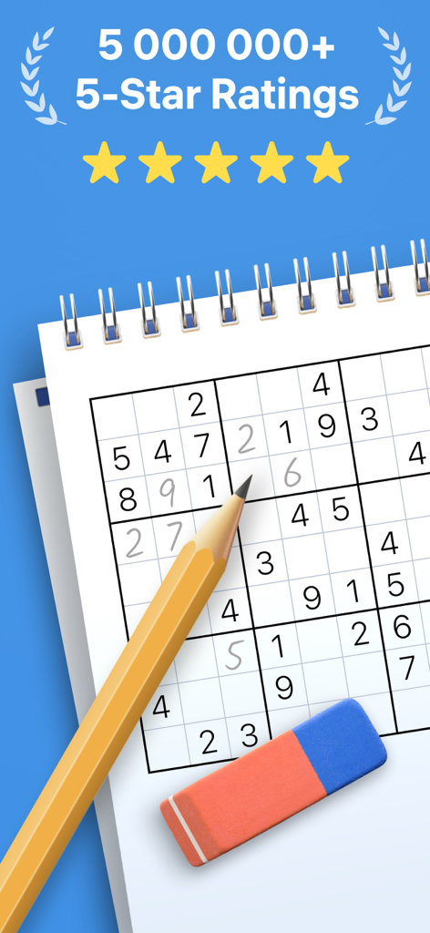 Cuadrícula de Sudoku en un cuaderno en espiral con un lápiz y calificaciones de 5 estrellas