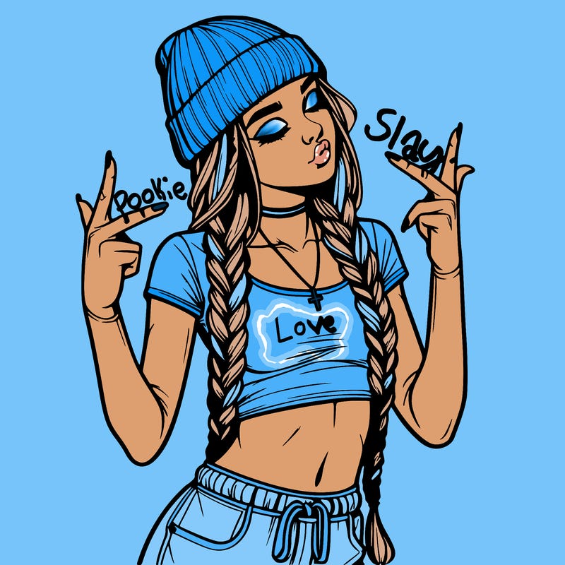 realistic teenage girl with braids and a beanie and crop top doing 🫶🏼