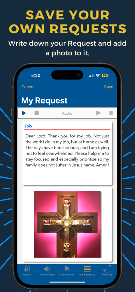 My Rosary (Audio) - 텍스트와 사진으로 개인 기도 요청을 저장하기 위한 My Rosary 앱 인터페이스.