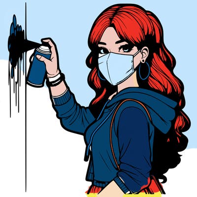 realistic girl with mask spray painting a wall