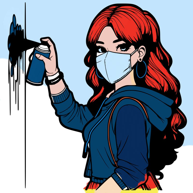 realistic girl with mask spray painting a wall