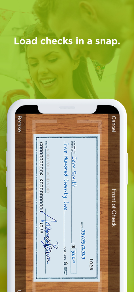 Smartphone screen showing the H-E-B Prepaid app's mobile check load feature capturing a check photo.