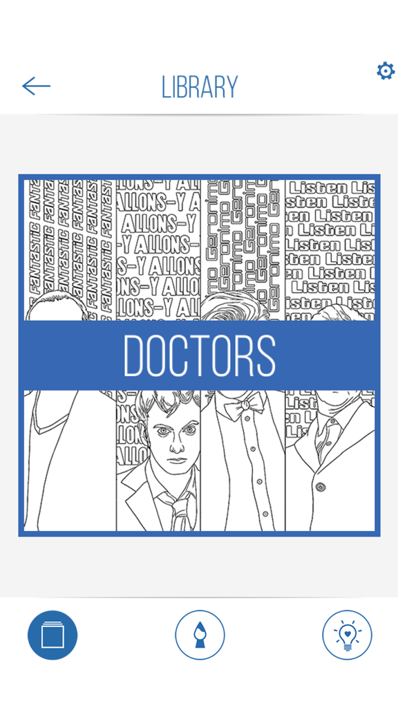 BBC Colouring: Doctor Who - Library screen in the BBC Colouring Doctor Who app showing the Doctors category with black and white line art ready for coloring.