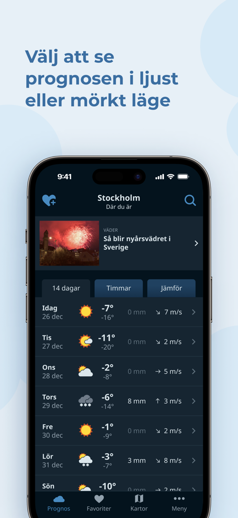 Klart - Väder - Klart weather app dark mode interface showing a 14 day forecast for Stockholm with temperatures and wind speed