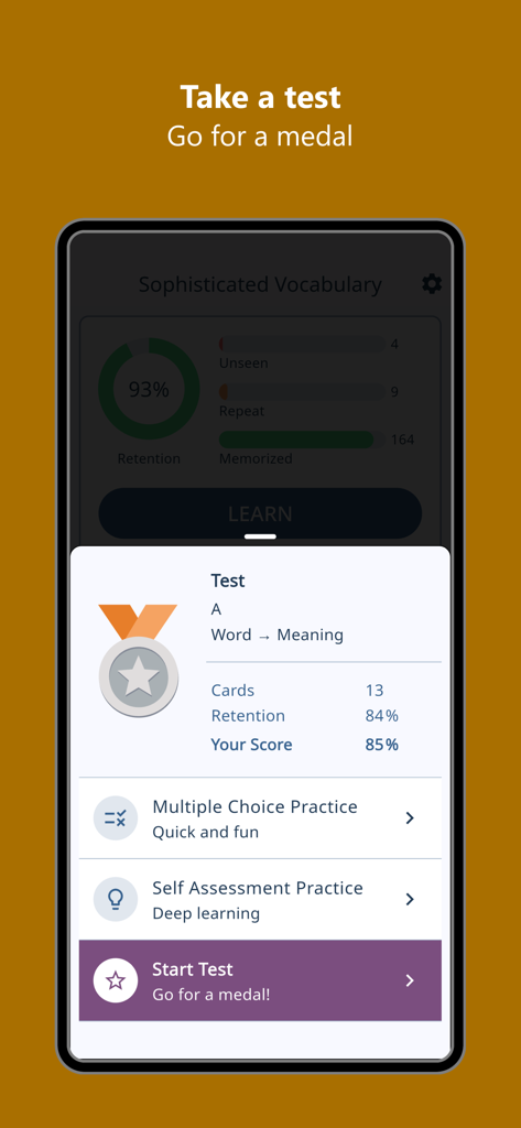 Rare English Words Trainer - Rare English Words Trainer app screen showing vocabulary test results and a silver medal reward.