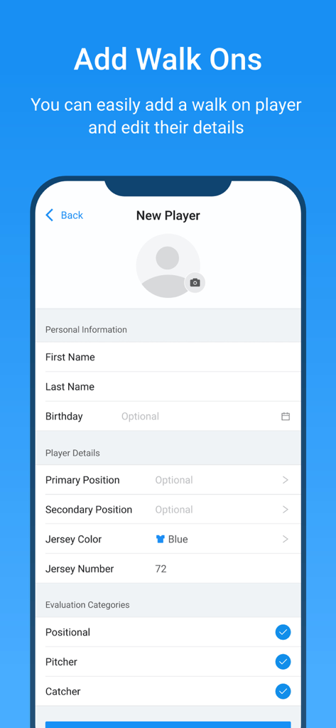 SkillShark Athlete Evaluations - SkillShark app interface for adding a new walk on athlete with fields for personal details and positions