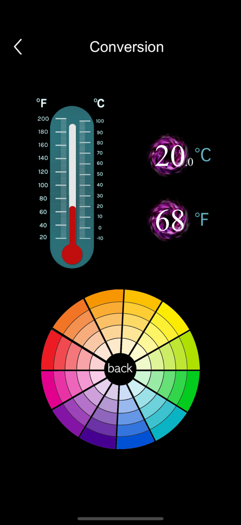 Captura de tela da interface de conversão de temperatura mostrando escalas Celsius e Fahrenheit e uma roda de seleção de cores