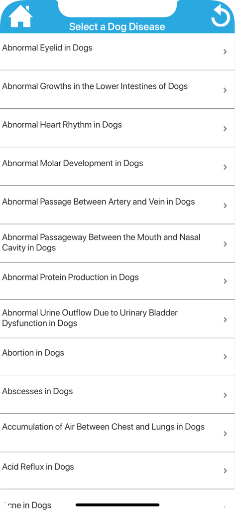 Vet Manualアプリの犬の疾患リスト画面。異常症状から始まる犬の病気や疾患のリストが表示されます。