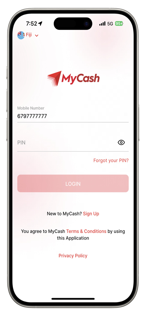 MyCash Digicel - Interface de login do aplicativo MyCash Digicel mostrando campos para número de telefone e PIN