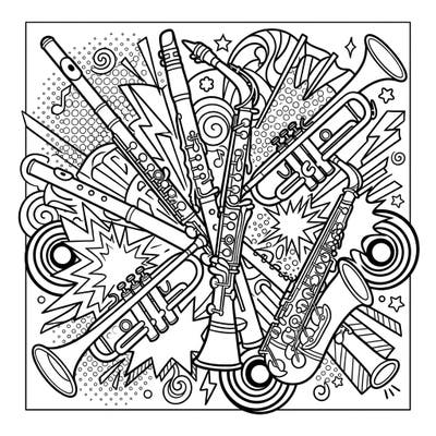 Immerse yourself in a dynamic world of music and art with this captivating Pop Art coloring page. Featuring an exciting arrangement of wind instruments, it's a creative celebration of sound and style.