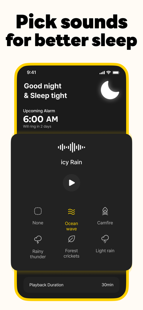 SuperAlarm app interface for selecting sleep sounds like ocean wave and icy rain