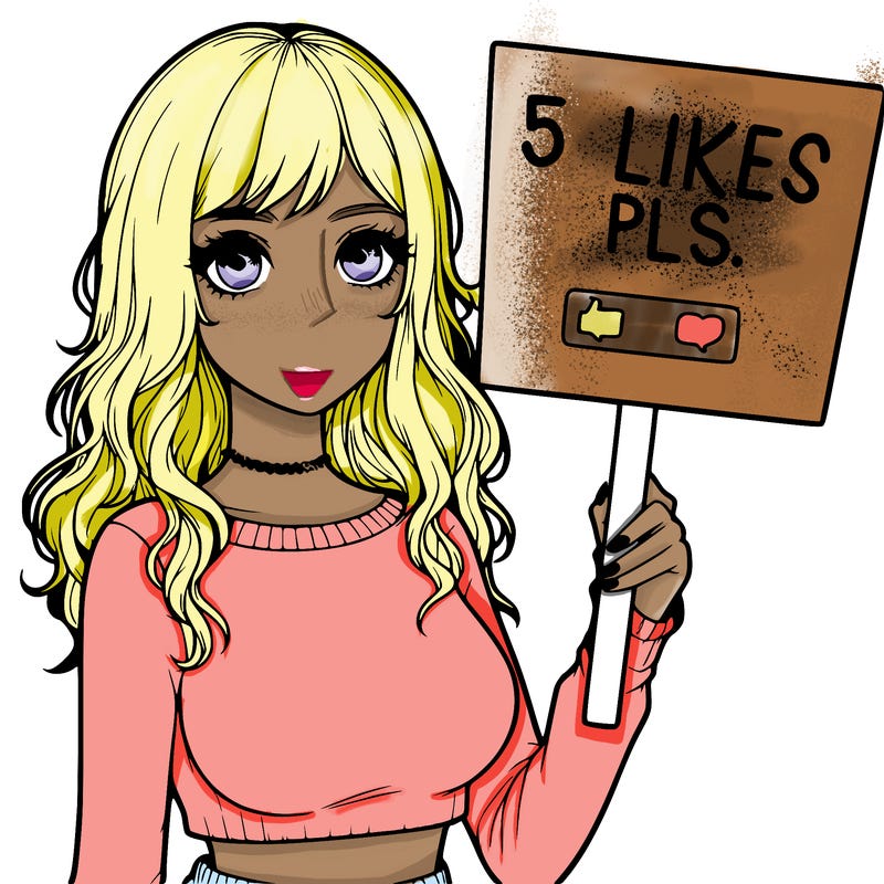 realistic girl by a sign that says 5 likes pls