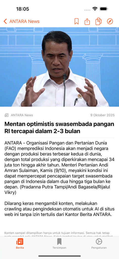Detailed news article view from ANTARA News on the Indonesia Berita News mobile app interface