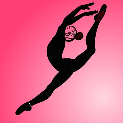 gymnast doing a leap in a leotard with a bent back leg