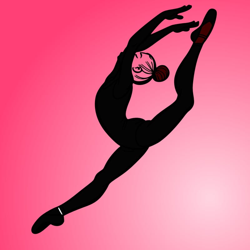 gymnast doing a leap in a leotard with a bent back leg