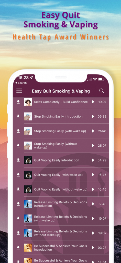Easy Quit Smoking & Vaping - Mobile app interface of Easy Quit Smoking and Vaping showing a list of hypnotherapy audio tracks for smoking and vaping cessation
