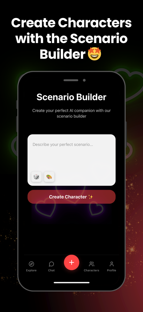 Luvr AI: Create AI Scenarios - Interface of the Luvr AI mobile app showing the scenario builder screen for creating custom AI characters