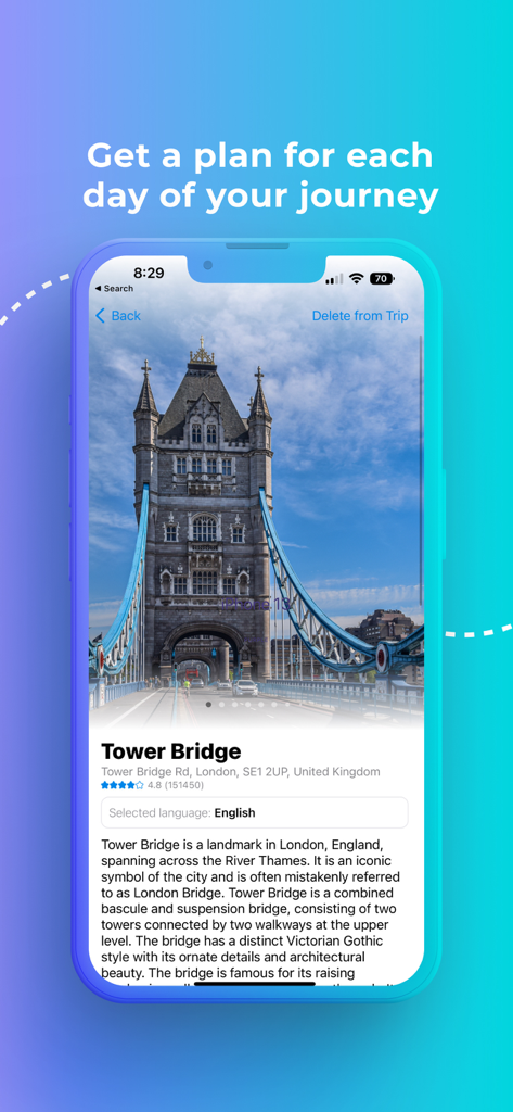 TripWise AI Travel Planner - A mobile app interface showing a detailed travel plan for Tower Bridge in London with photos and descriptions.