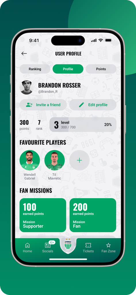 FCI Levadia - User profile screen in the FCI Levadia app showing fan points, ranking, and favorite players.