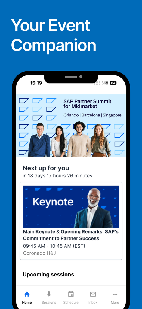 SAP Partner Summit Midmarket - SAP Partner Summit Midmarket app home screen showing the main keynote session and event navigation