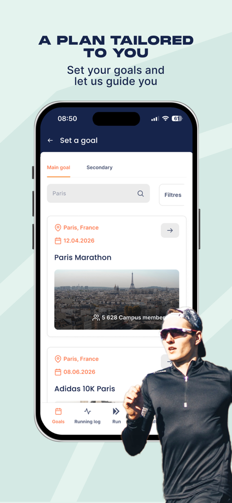 Campus Coach-Running & Trail - マラソンと10KレーストレーニングプランのCampus Coachの目標設定インターフェースを表示するモバイルアプリ画面。
