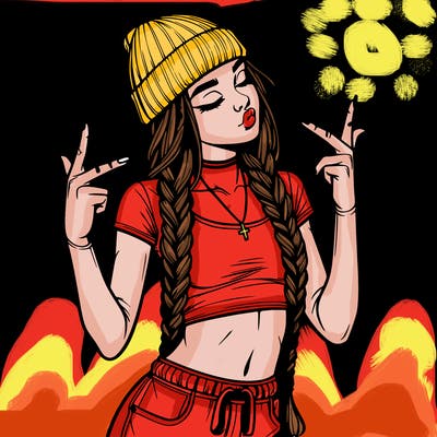 realistic teenage girl with braids and a beanie and crop top doing 🫶🏼