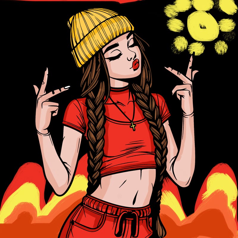 realistic teenage girl with braids and a beanie and crop top doing 🫶🏼