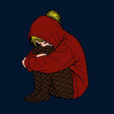 girl crying with hoodie over her hair and hair in bun